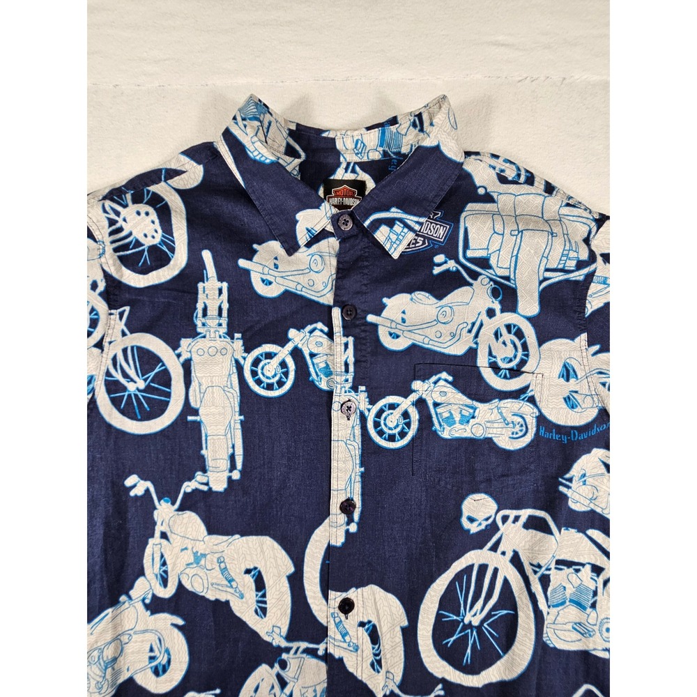 Harley-Davidson Mens‎ Large Blue Linen Blend Motorcycle Print Button Up Shirt